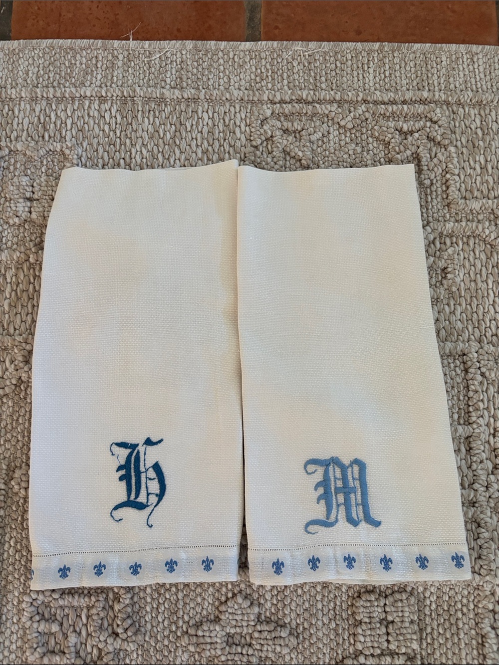 Embroidered Monogram Linen Hand Towels - Blue on Cream